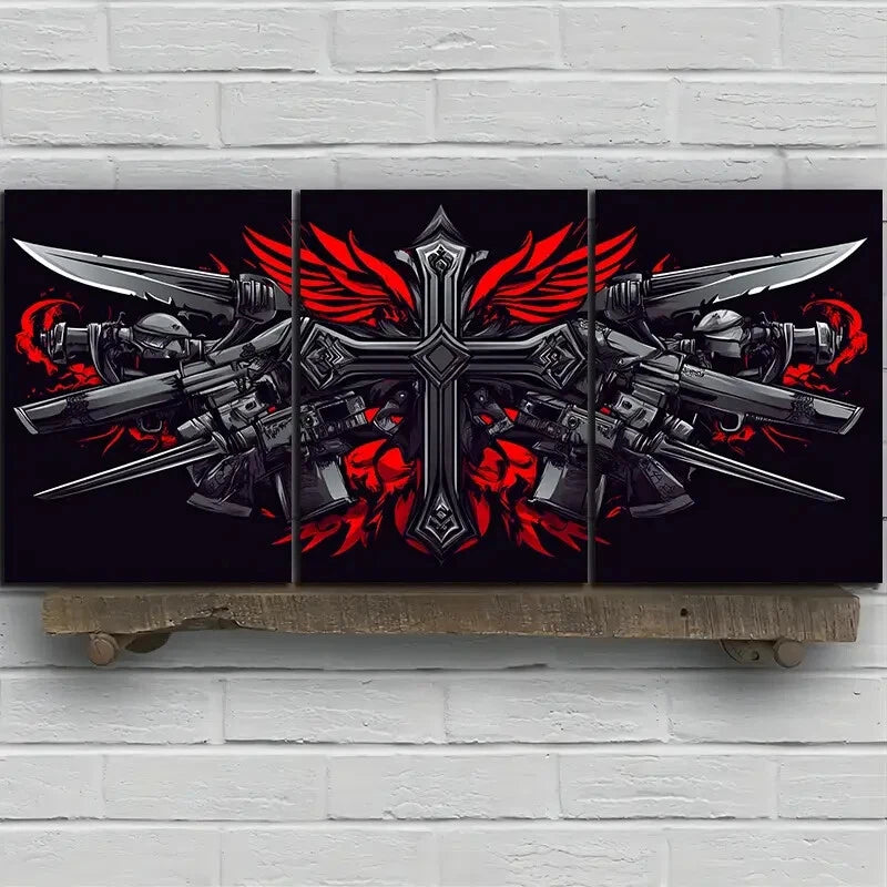 3pcs Ancient Swords and Skeletons Red Metal Print Ready to Hang Art - Bella Home Decor
