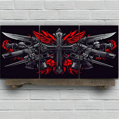 3pcs Ancient Swords and Skeletons Red Metal Print Ready to Hang Art - Bella Home Decor