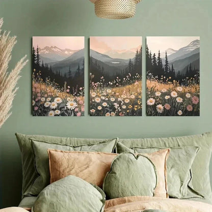 3pcs Wildflower Mountain Sunset Décor Perfect Wall Art Set Canvas Framed 60x90cm - High Quality Print 100% Australian Made Wall Canvas Ready to Hang - Bella Home Decor