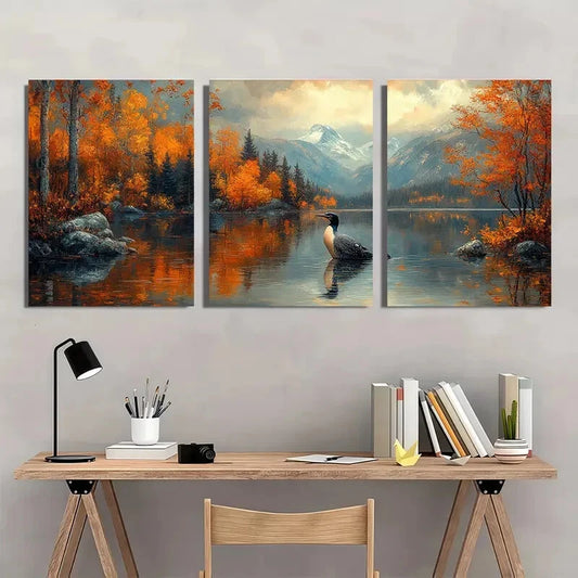 3pcs Loon Lake Landscape Painting Wall Art Set Canvas Framed 40x60cm - High Quality Print 100% Australian Made Wall Canvas Ready to Hang