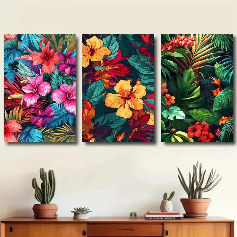 3pcs Tropical Flower Vibrant Lily Tropical Leaves Metal Print Ready to Hang Art - Bella Home Decor