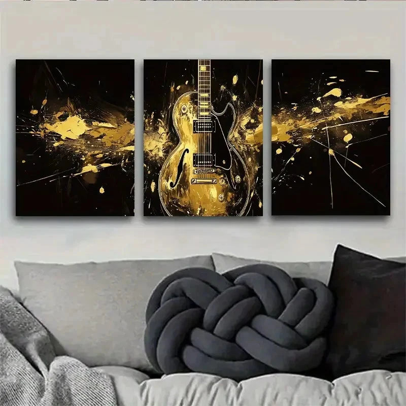 3pcs Abstract Golden Guitar Black & Golden Music Metal Print Ready to Hang Art - Bella Home Decor