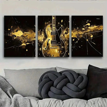 3pcs Abstract Golden Guitar Black & Golden Music Metal Print Ready to Hang Art - Bella Home Decor