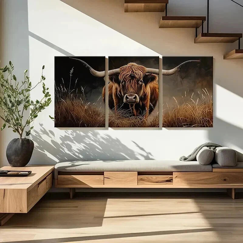 3pcs Scottish Highland Cow In Grass Wall Art Set Canvas Framed 60x90cm - High Quality Print 100% Australian Made Wall Canvas Ready to Hang - Bella Home Decor