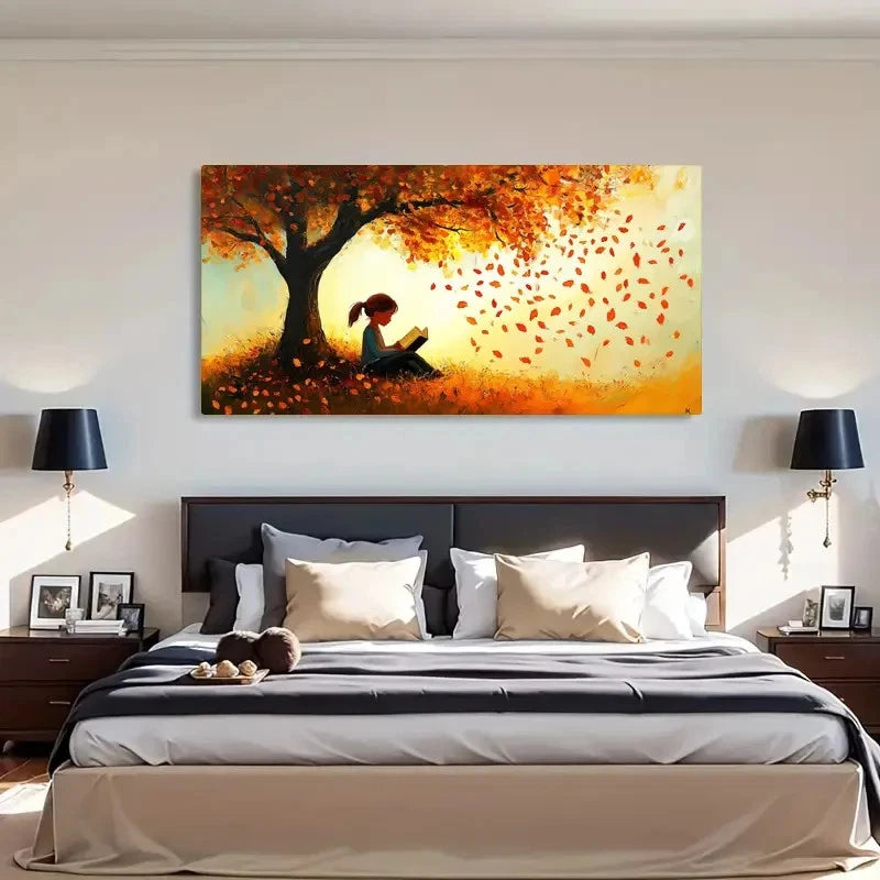 Autumn Leaves Reading Under Wall Art Canvas Office Home Room Framed 120x60cm - Bella Home Decor