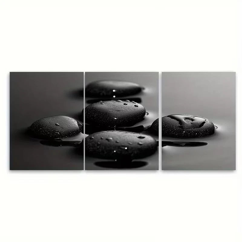 3pcs Serene Black Zen Stones Water Droplet Metal Print Ready to Hang Art - Bella Home Decor