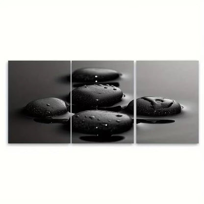 3pcs Serene Black Zen Stones Water Droplet Metal Print Ready to Hang Art - Bella Home Decor
