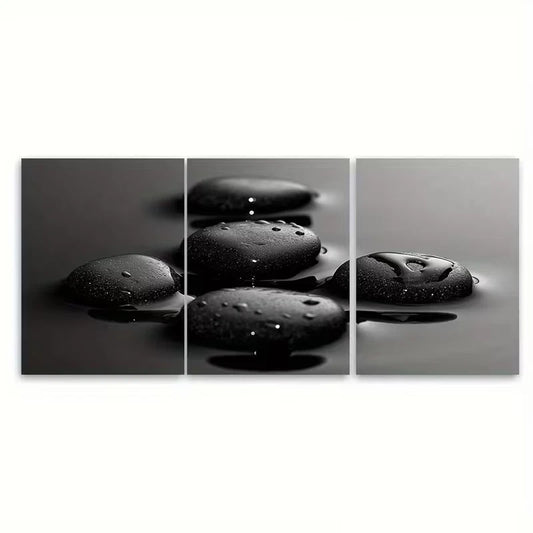 3pcs Serene Black Zen Stones Water Droplet Metal Print Ready to Hang Art
