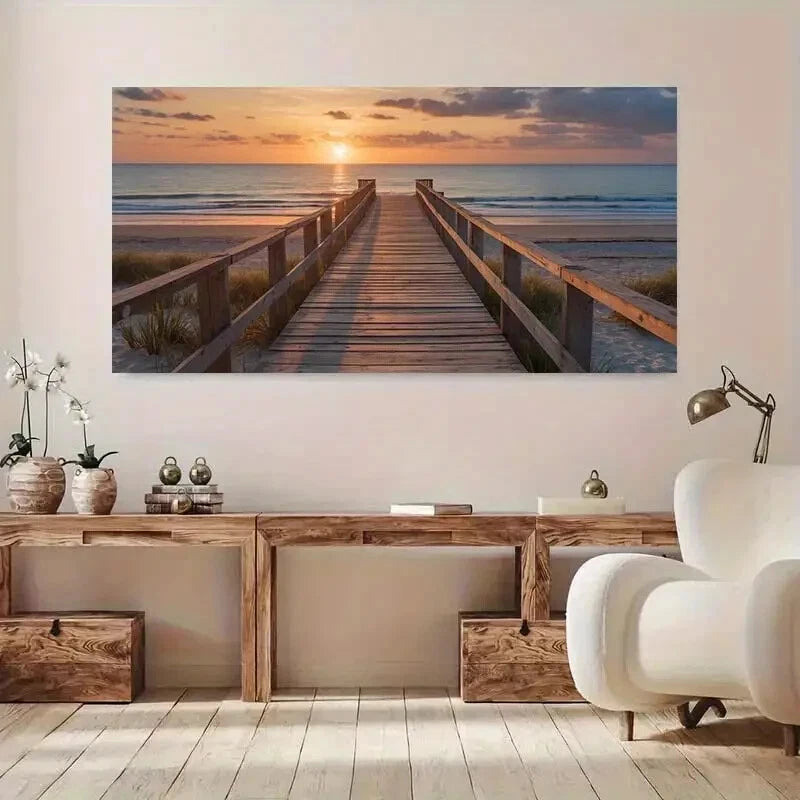 Scenic Beach Sunset Pier wall canvas office home room framed 120x60cm - Bella Home Decor