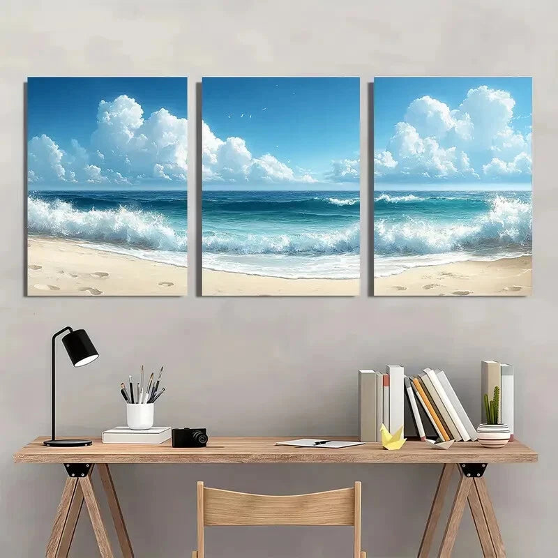 3pcs Ocean Beach Watercolor Paintings Calm Sea Metal Print Ready to Hang Art