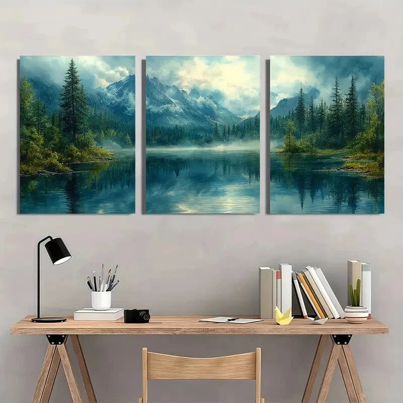 3pcs Barclay Lake Mountain Watercolor Landscape Metal Print Ready to Hang Art - Bella Home Decor