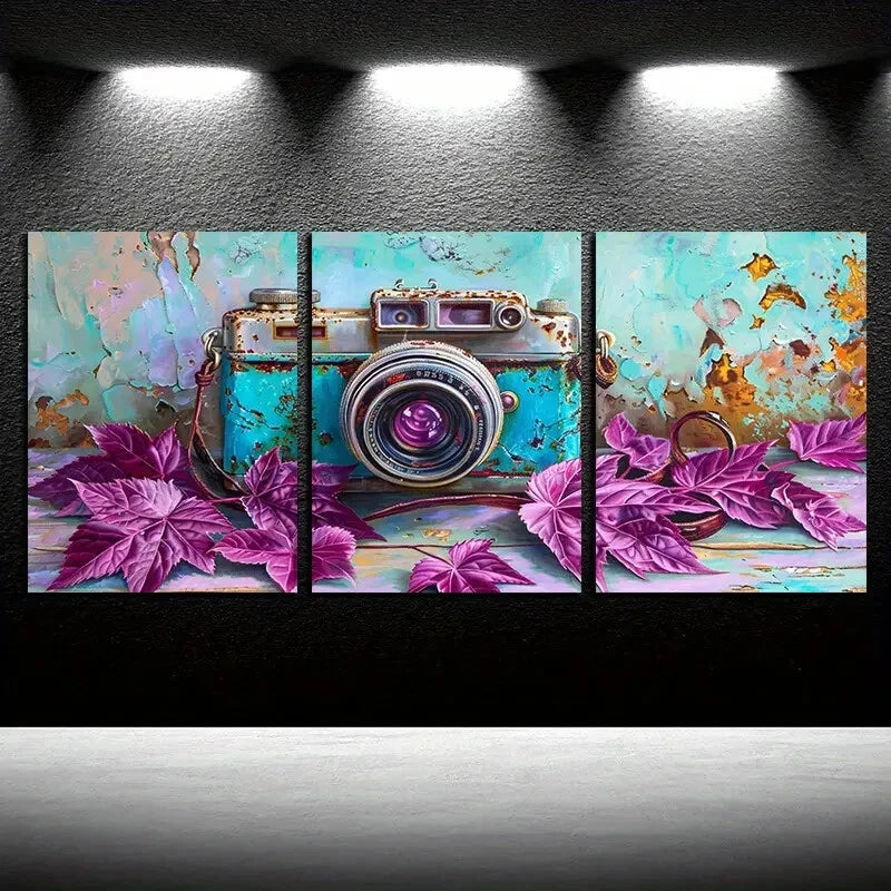 3pcs Vibrant Purple leaves with Old Camera Metal Print Ready to Hang Art - Bella Home Decor