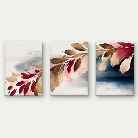 3pcs Modern Abstract Burgundy and Gold Leaves Wall Art Set Canvas Framed 50x70cm - High Quality Print 100% Australian Made Wall Canvas Ready to Hang