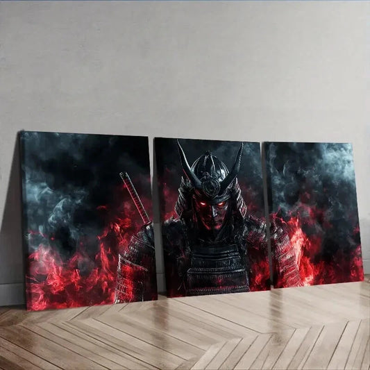 3pcs A crimson warrior with black horns Wall Art Set Canvas Framed 50x70cm - High Quality Print 100% Australian Made Wall Canvas Ready to Hang
