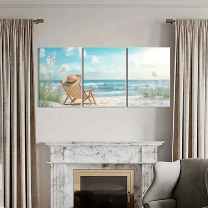 3pcs Beach Straw Hat Ocean View Serenity Metal Print Ready to Hang Art - Bella Home Decor