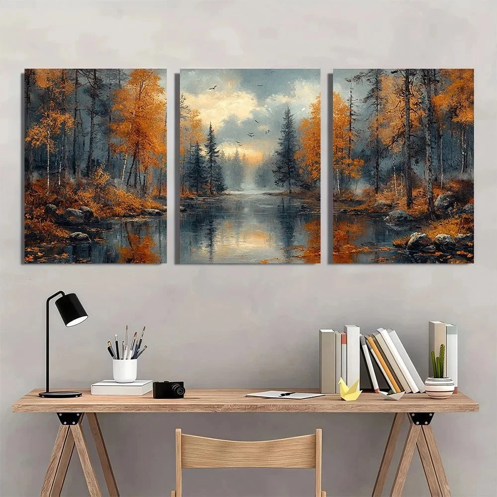 3pcs Autumn River Forest Vintage Antique Style Wall Art Set Canvas Framed 60x90cm - High Quality Print 100% Australian Made Wall Canvas Ready to Hang - Bella Home Decor