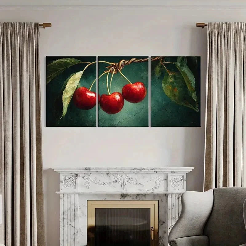 3pcs Artistic Vibrant Red Cherry Illustration Metal Print Ready to Hang Art - Bella Home Decor