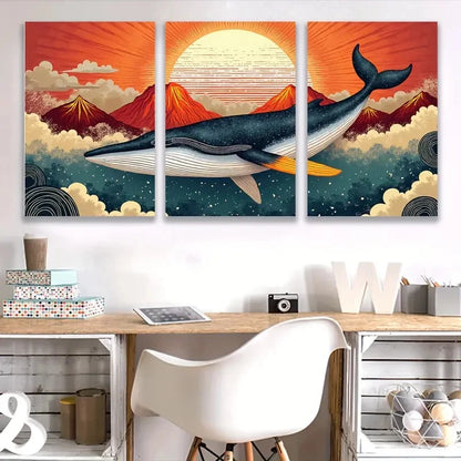3pcs Whale Jumps in sky painting    Wall Art Set Canvas Framed 60x90cm - High Quality Print 100% Australian Made Wall Canvas Ready to Hang