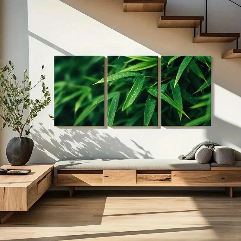 3pcs Green Bamboo Leaves Dew Drops Nature Metal Print Ready to Hang Art - Bella Home Decor