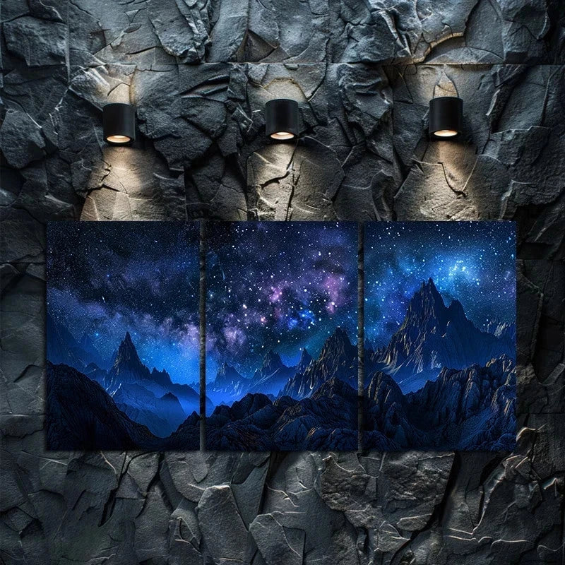 3pcs Dark Night, Starry Sky, Distant Mountains Metal Print Ready to Hang Art - Bella Home Decor