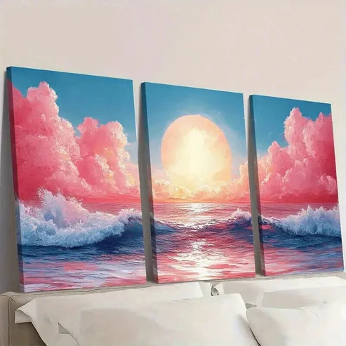 3pcs Ocean Waves Sunset & Pink Clouds Wall Art Canvas Unframed - High Quality Print 100% Australian Made Wall Canvas