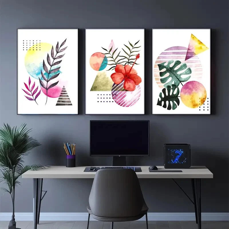 3pcs Vibrant Botanical & Geometric Abstract Metal Print Ready to Hang Art