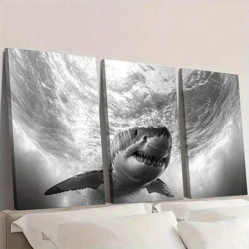 3pcs Black And White Shark Underwater Scene Wall Art Set Canvas Framed 50x70cm - High Quality Print 100% Australian Made Wall Canvas Ready to Hang - Bella Home Decor
