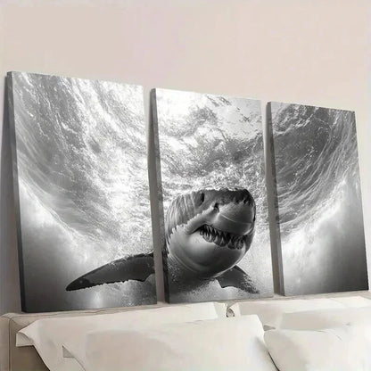 3pcs Black And White Shark Underwater Scene Wall Art Set Canvas Framed 50x70cm - High Quality Print 100% Australian Made Wall Canvas Ready to Hang - Bella Home Decor