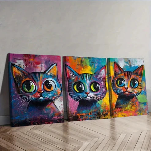 3pcs Colorful Cats Wall Art Set Canvas Unframed - High Quality Print 100% Australian Made Wall Canvas - Bella Home Decor