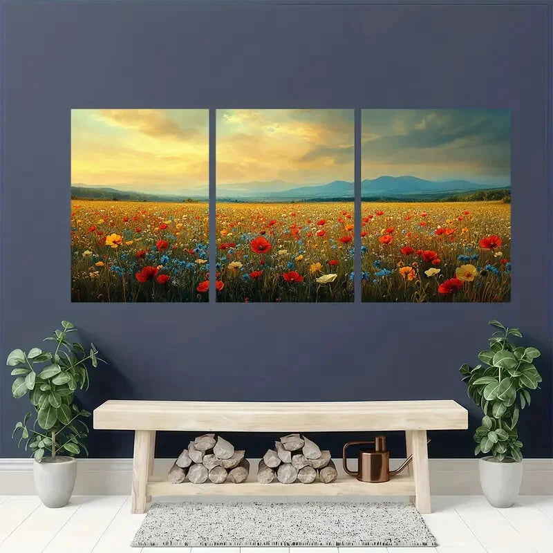 3pcs Vintage Wildflower Field Floral Landscape Metal Print Ready to Hang Art - Bella Home Decor