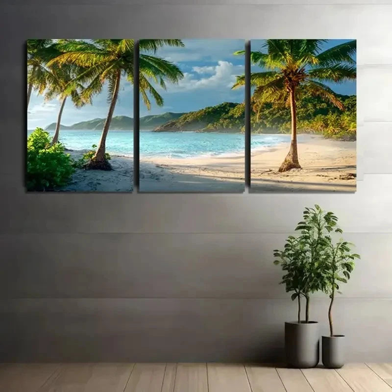 3pcs Tropical Paradise Beach with Palm Trees Metal Print Ready to Hang Art