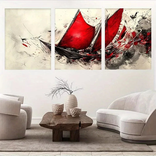 3pcs Abstract Sailing Ship Bold Red Sails Wall Art Set Canvas Framed 40x60cm - High Quality Print 100% Australian Made Wall Canvas Ready to Hang