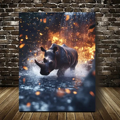 Cartoon Rhino Splashing in Water with Glowing Painting 40x60cm Metal Print Ready to Hang - Bella Home Decor