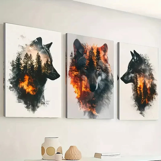 3pcs Wolf Animal Abstract-forest Painting Wall Art Set Canvas Framed 40x60cm - High Quality Print 100% Australian Made Wall Canvas Ready to Hang