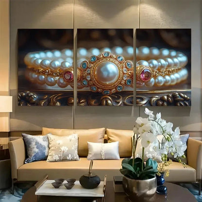 3pcs Elegant Victorian Art Pearl Bracelets and Gem Metal Print Ready to Hang Art
