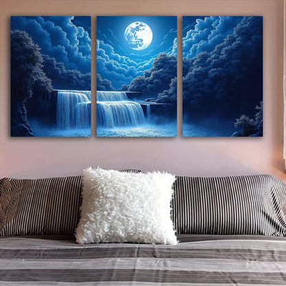 3pcs Waterfall with Moonlit Night Sky & Forest Wall Art Set Canvas Framed 50x70cm - High Quality Print 100% Australian Made Wall Canvas Ready to Hang