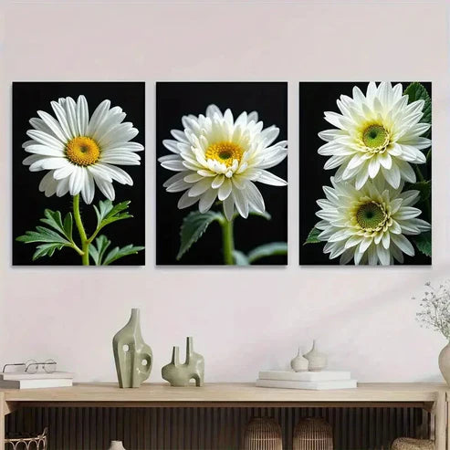 3pcs White Daisy Floral Modern Flower Painting Wall Art Set Canvas Unframed - High Quality Print 100% Australian Made Wall Canvas