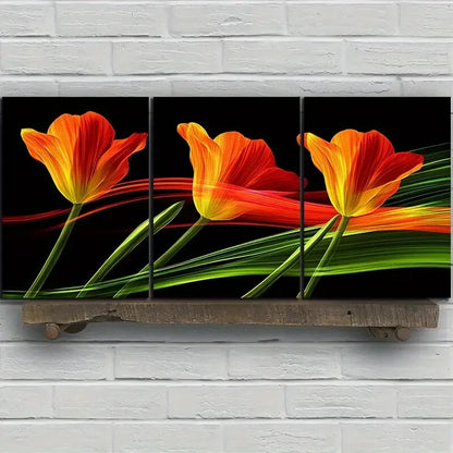 3pcs Colorful Golden Flowers Green Red Metal Print Ready to Hang Art - Bella Home Decor