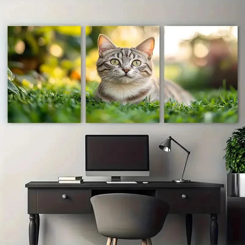 3pcs British Silver Tabby Cat Green Grass Metal Print Ready to Hang Art