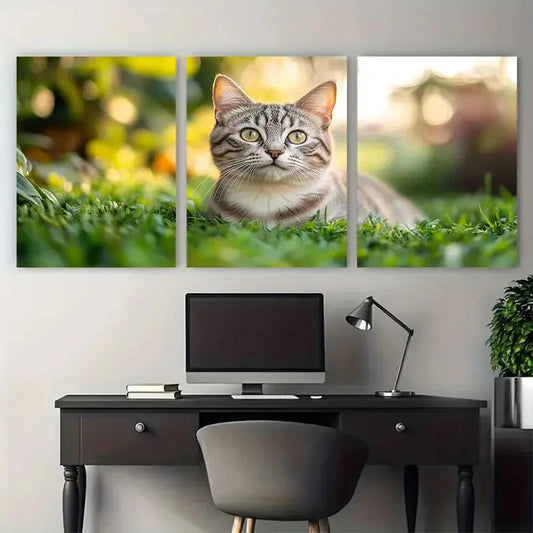 3pcs British Silver Tabby Cat Green Grass Metal Print Ready to Hang Art