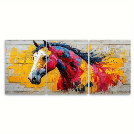 3pcs Vibrant Geometric Horse Abstract Metal Print Ready to Hang Art
