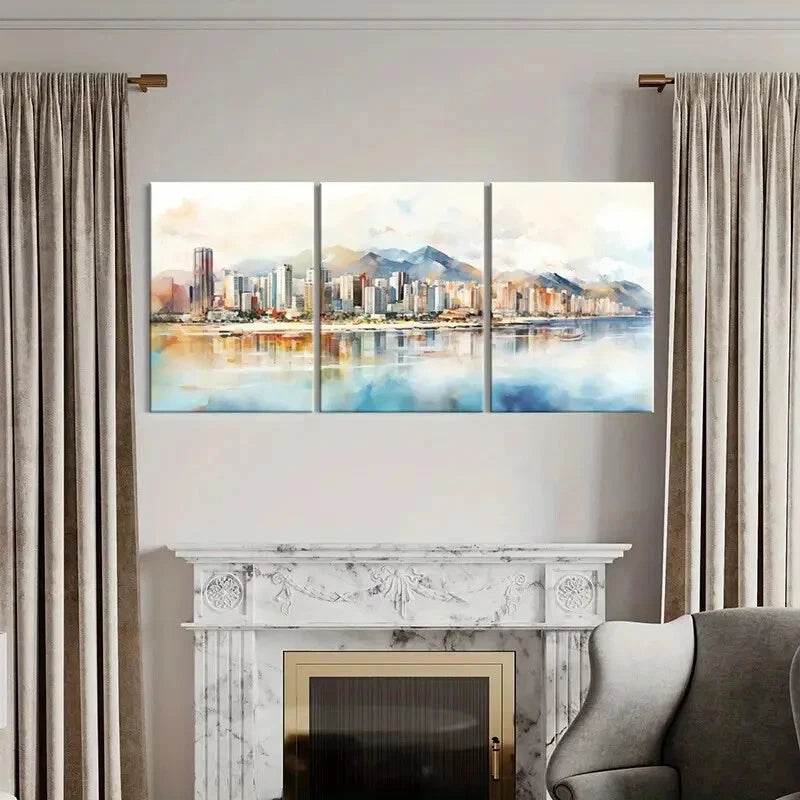3pcs Cityscape Mountains Watercolor Style Metal Print Ready to Hang Art - Bella Home Decor