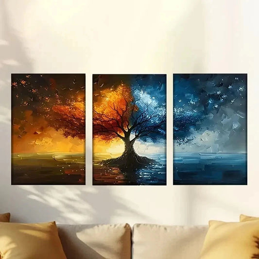 3pcs Painting of Tree with Bright Orange & blue Wall Art Set Canvas Framed 60x90cm - High Quality Print 100% Australian Made Wall Canvas Ready to Hang