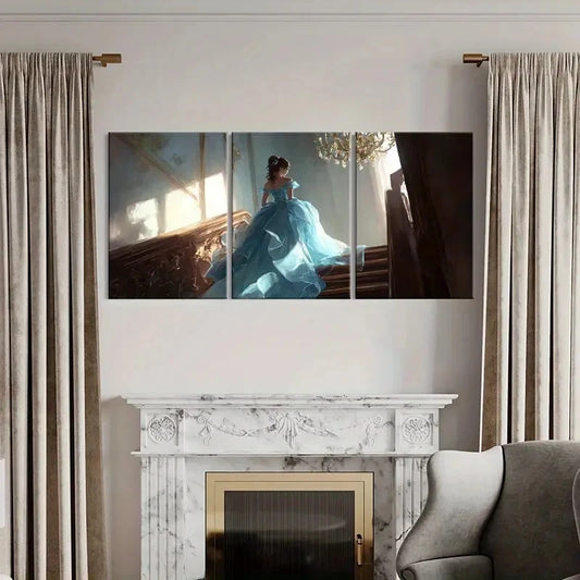 3pcs Elegant Princess Blue Dress Grand Staircase Metal Print Ready to Hang Art