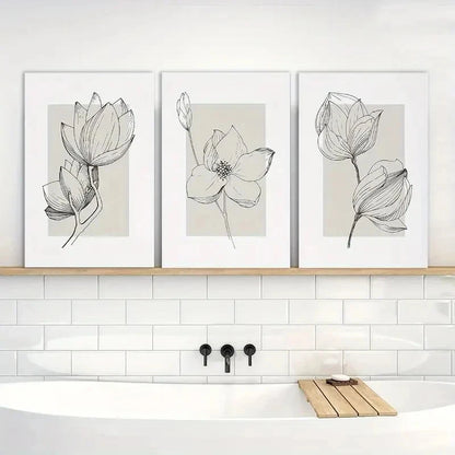 3pcs Beige Simple Floral Painting Wall Art Metal Print Ready to Hang Art - Bella Home Decor