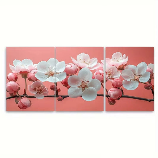 3pcs Delicate Pink White Blossom Branch Metal Print Ready to Hang Art