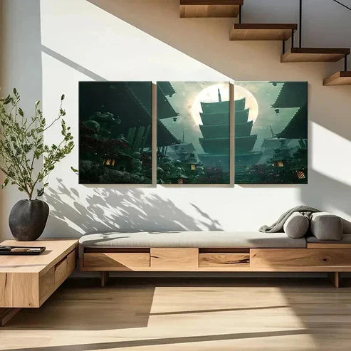 3pcs Japanese Style Shrine & Moon Landscape Wall Art Canvas Unframed - High Quality Print 100% Australian Made Wall Canvas