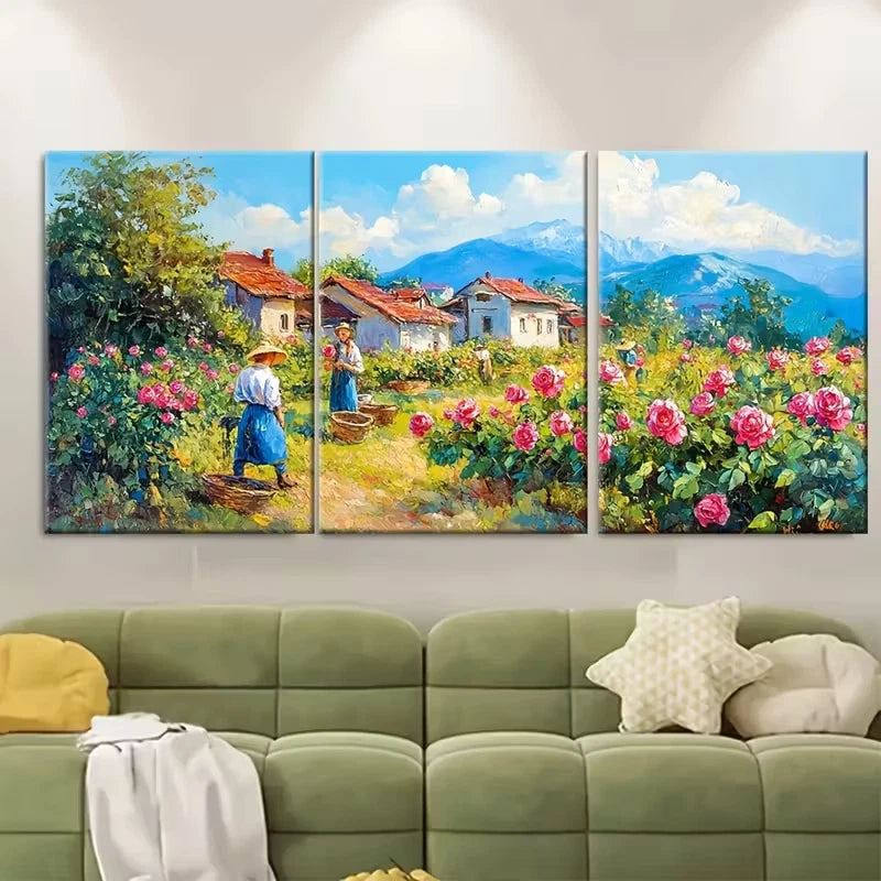 3pcs Bulgarian Rose Valley Painting Metal Print Ready to Hang Art - Bella Home Decor