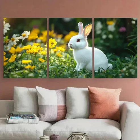 3pcs Charming White Bunny Spring Floral Wall Art Canvas Unframed - High Quality Print 100% Australian Made Wall Canvas - Bella Home Decor