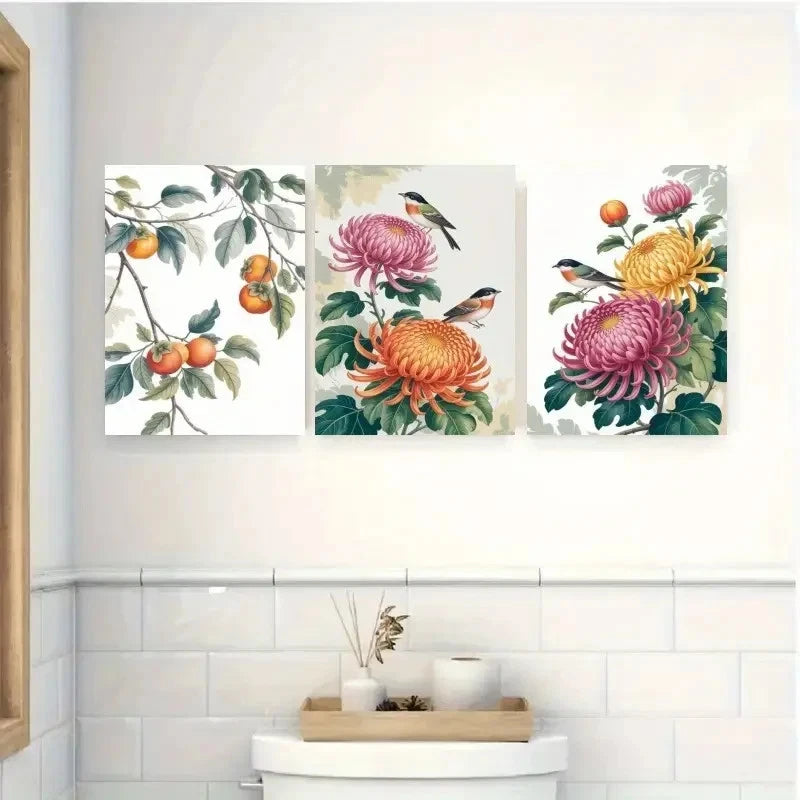 3pcs Chrysanthemum Persimmon Songbird Metal Print Ready to Hang Art - Bella Home Decor